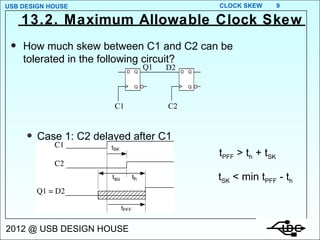 13.2. Maximum Allowable Clock Skew How much skew between C1 and C2 can be tolerated in the following circuit? Case 1: C2 delayed after C1 t PFF  > t h  + t SK t SK  < min t PFF  - t h 