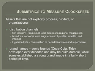 Submetricsto Measure ClockspeedAssets that are not explicitly process, product, or organizational distribution channelsfilm industry – from small local theatres to regional megaplexes,  broadcast networks were augmenented by cable, satellite, and internetHypermarkets – combination of department store and supermarket brand names – some brands (Coca-Cola, Tide) developed over decades and may be quite durable, while some established a strong brand image in a fairly short period of time.