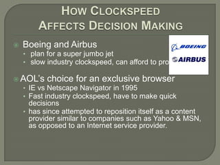 How ClockspeedAffects Decision Making Boeing and Airbus plan for a super jumbo jet slow industry clockspeed, can afford to procrastinateAOL’s choice for an exclusive browserIE vs Netscape Navigator in 1995Fast industry clockspeed, have to make quick decisionshas since attempted to reposition itself as a content provider similar to companies such as Yahoo & MSN, as opposed to an Internet service provider.