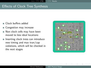 Intro CTS CTO CTO Results
Effects of Clock Tree Synthesis
Clock buffers added
Congestion may increase
Non clock cells may have been
moved to less ideal locations
Inserting clock tress can introduce
new timing and max tran/cap
violations, which will be checked in
the next stages
Ahmed Abdelazeem ASIC Physical Design
 