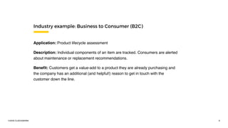 ©2016 CLOCKWORK 11
Industry example: Business to Consumer (B2C)
Application: Product lifecycle assessment
Description: Individual components of an item are tracked. Consumers are alerted
about maintenance or replacement recommendations.
Beneﬁt: Customers get a value-add to a product they are already purchasing and
the company has an additional (and helpful!) reason to get in touch with the
customer down the line.
 