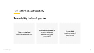 ©2016 CLOCKWORK 7
Enliven B2B
relationships and
experiences
How to think about traceability 
Traceability technology can:
Enhance retail and  
e-commerce experiences
Make manufacturing or
product fulfillment
experiences more
meaningful
 