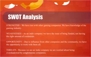 SWOT Analysis
STRENGTHS – We have ties with other gaming companies. We have knowledge of the
gaming industry.

WEAKNESSES – As an indie company we have the issue of being funded, not having
the right amount of credentials

OPPORTUNITY – Due to influence from other companies and the community, we have
the opportunity to work with them all.

THREATS - Because we are an indie company we are worried about being
overshadowed by conglomerate companies.
 