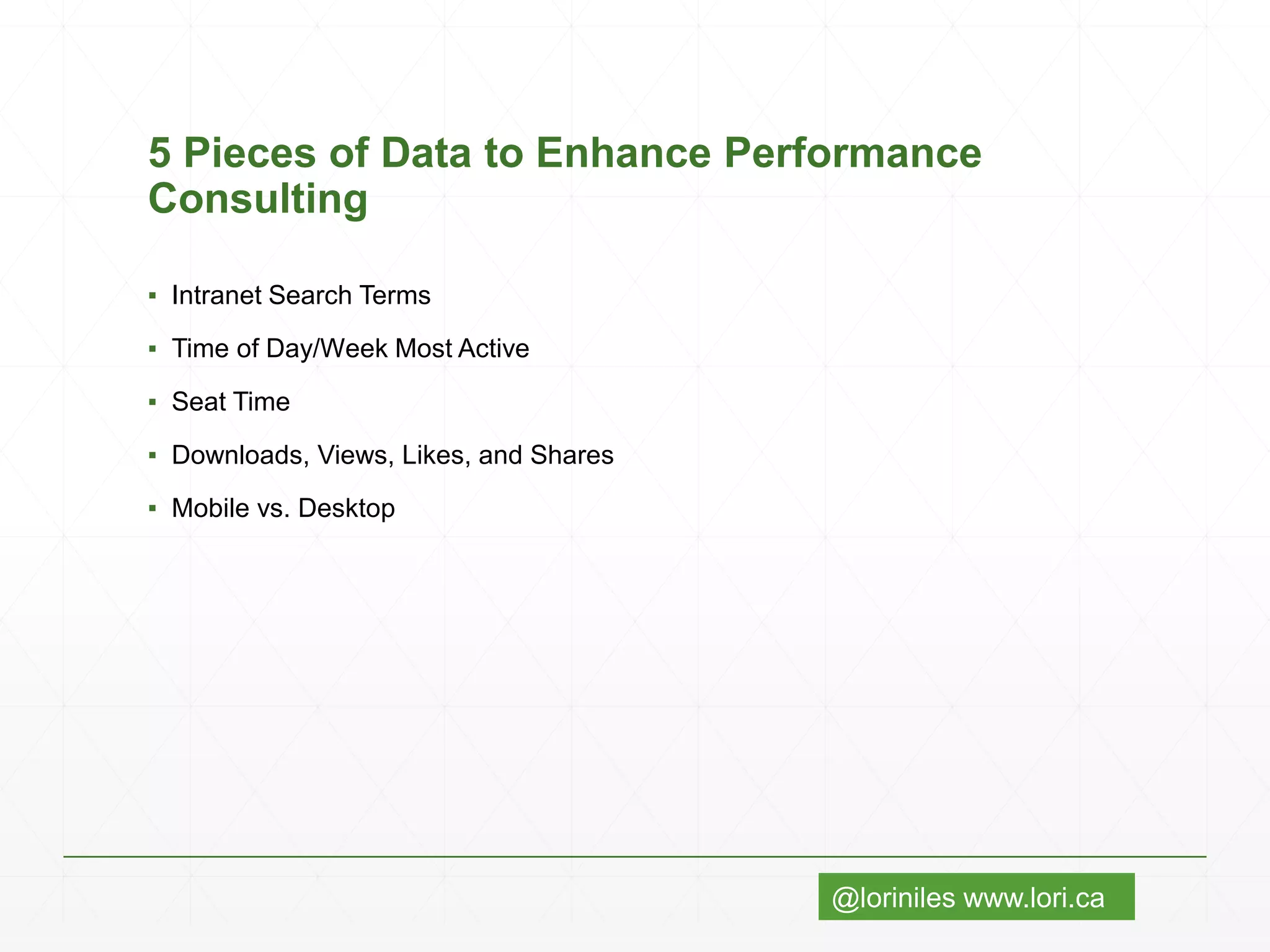 @loriniles www.lori.ca
5 Pieces of Data to Enhance Performance
Consulting
▪ Intranet Search Terms
▪ Time of Day/Week Most Active
▪ Seat Time
▪ Downloads, Views, Likes, and Shares
▪ Mobile vs. Desktop
 