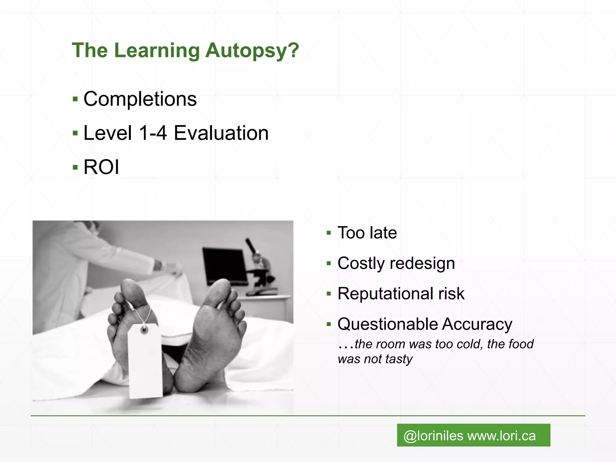 @loriniles www.lori.ca
The Learning Autopsy?
▪ Completions
▪ Level 1-4 Evaluation
▪ ROI
▪ Too late
▪ Costly redesign
▪ Reputational risk
▪ Questionable Accuracy
…the room was too cold, the food
was not tasty
 