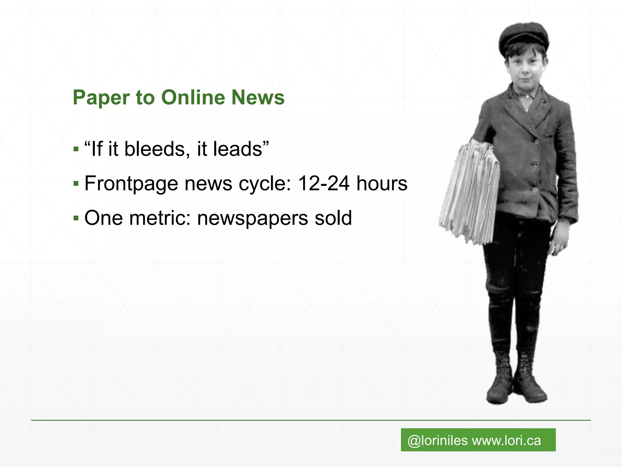 @loriniles www.lori.ca
Paper to Online News
▪ “If it bleeds, it leads”
▪ Frontpage news cycle: 12-24 hours
▪ One metric: newspapers sold
 