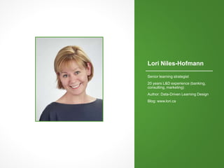 Lori Niles-Hofmann
Senior learning strategist
20 years L&D experience (banking,
consulting, marketing)
Author: Data-Driven Learning Design
Blog: www.lori.ca
 