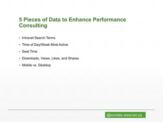 @loriniles www.lori.ca
5 Pieces of Data to Enhance Performance
Consulting
▪ Intranet Search Terms
▪ Time of Day/Week Most Active
▪ Seat Time
▪ Downloads, Views, Likes, and Shares
▪ Mobile vs. Desktop
 
