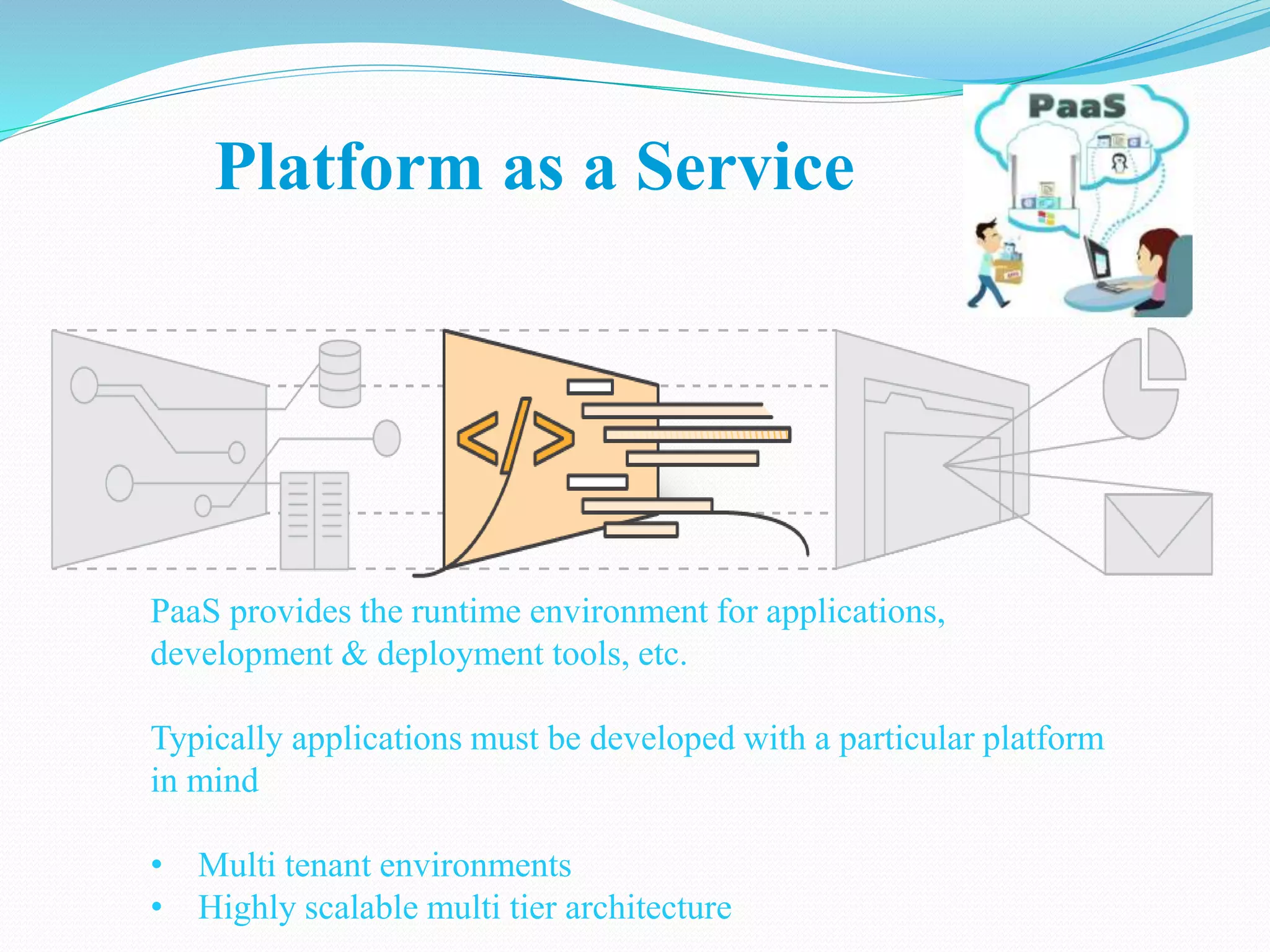 Platform as a Service
PaaS provides the runtime environment for applications,
development & deployment tools, etc.
Typically applications must be developed with a particular platform
in mind
• Multi tenant environments
• Highly scalable multi tier architecture
 
