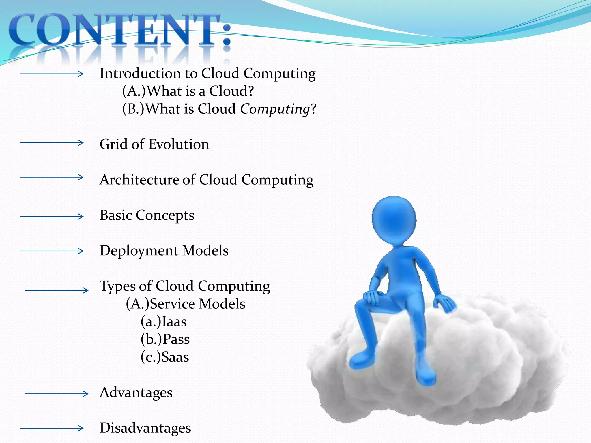 Introduction to Cloud Computing
(A.)What is a Cloud?
(B.)What is Cloud Computing?
Grid of Evolution
Architecture of Cloud Computing
Basic Concepts
Deployment Models
Types of Cloud Computing
(A.)Service Models
(a.)Iaas
(b.)Pass
(c.)Saas
Advantages
Disadvantages
 