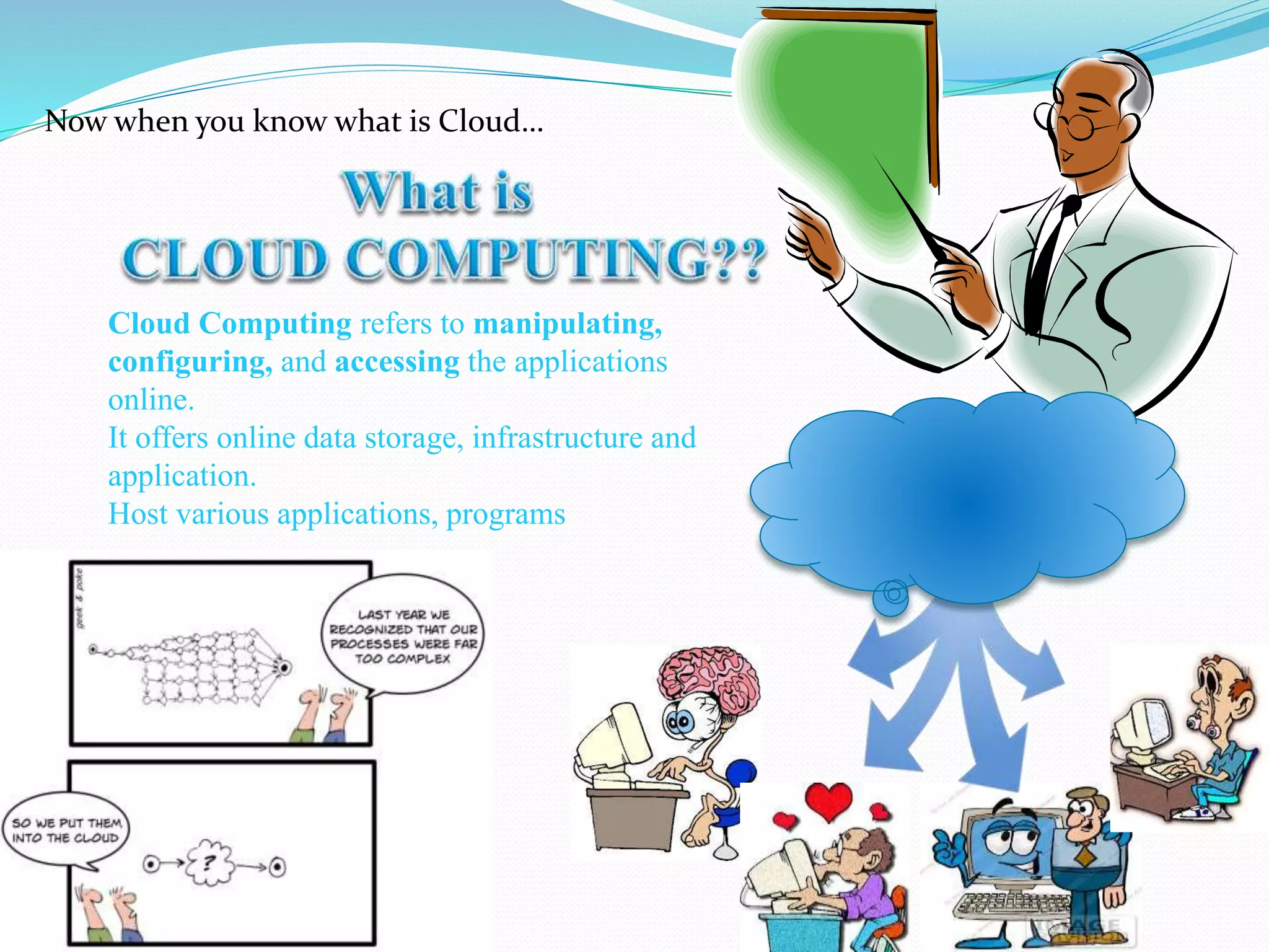Now when you know what is Cloud…
Cloud Computing refers to manipulating,
configuring, and accessing the applications
online.
It offers online data storage, infrastructure and
application.
Host various applications, programs
 