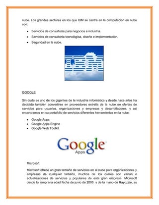 nube. Los grandes sectores en los que IBM se centra en la computación en nube
son:
Servicios de consultoría para negocios e industria.
Servicios de consultoría tecnológica, diseño e implementación.
Seguridad en la nube.
GOOGLE
Sin duda es uno de los gigantes de la industria informática y desde hace años ha
decidido también convertirse en proveedores estrella de la nube en ofertas de
servicios para usuarios, organizaciones y empresas y desarrolladores, y asi
encontramos en su portafolio de servicios diferentes herramientas en la nube:
Google Apps
Google Apps Engine
Google Web Toolkit
Microsoft
Microsoft ofrece un gran tamaño de servicios en al nube para organizaciones y
empresas de cualquier tamaño, muchos de los cuales son varían o
actualizaciones de servicios y populares de esta gran empresa. Microsoft
desde la temprana edad fecha de junio de 2008 y de la mano de Rayozzie, su
 