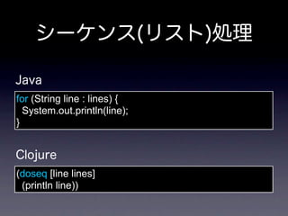 for (String line : lines) {
  System.out.println(line);
}




(doseq [line lines]
 (println line))
 