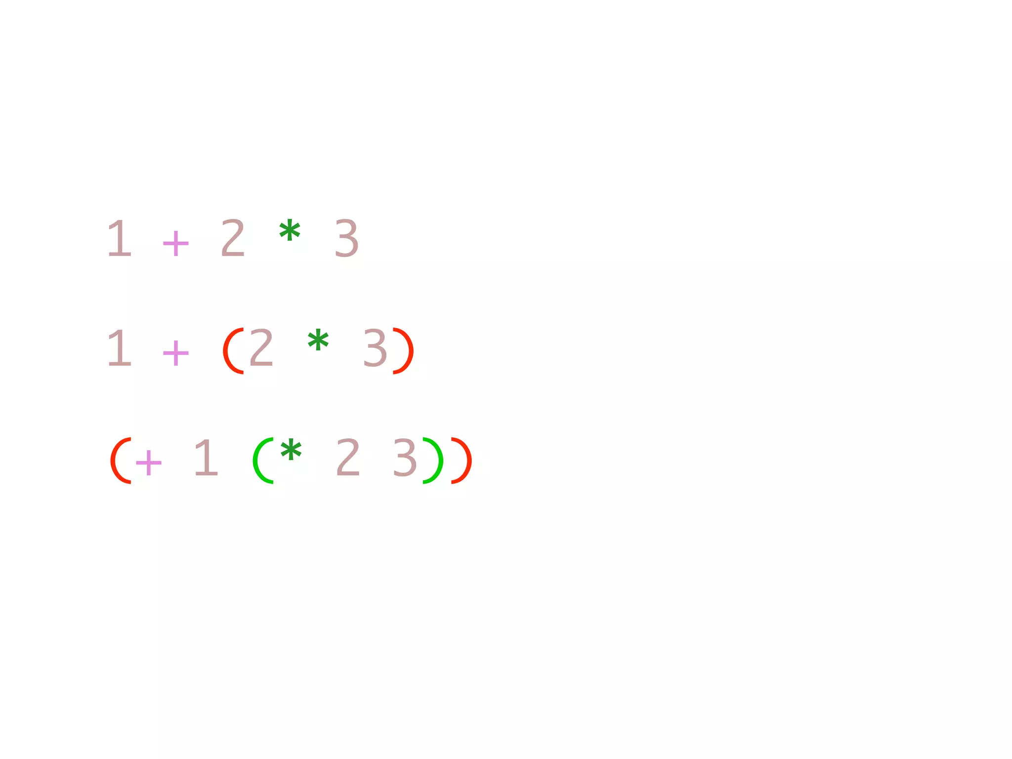 1 + 2 * 3 1 + (2 * 3) (+ 1 (* 2 3)) 