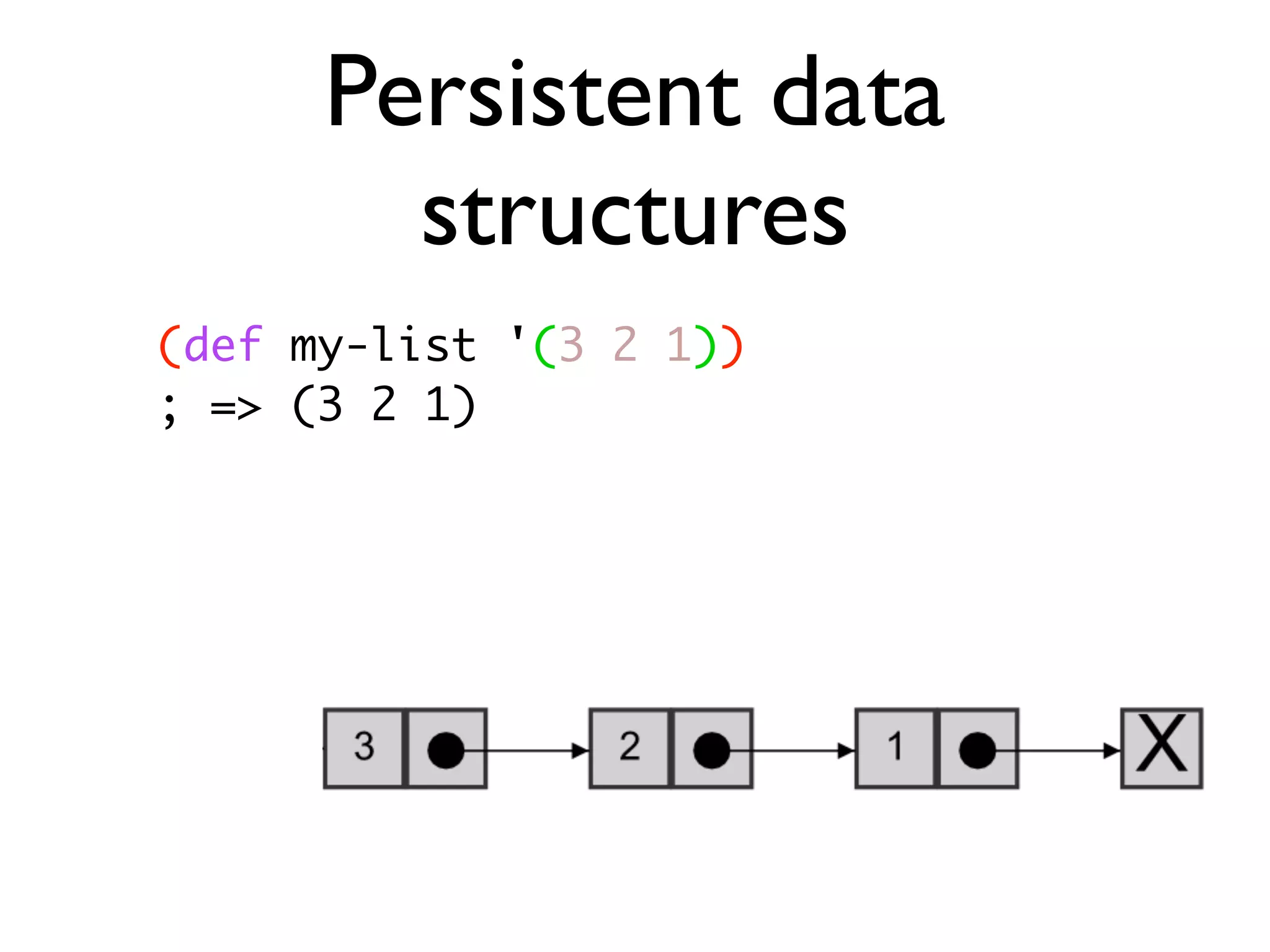 Persistent data structures (def my-list '(3 2 1)) ; => (3 2 1) 