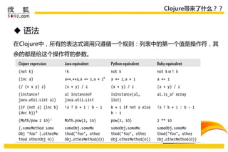 Clojure带来了什么？？



 语法
在Clojure中，所有的表达式调用叧遵循一个规则：列表中的第一个值是操作符，其
余的都是给这个操作符的参数。
 