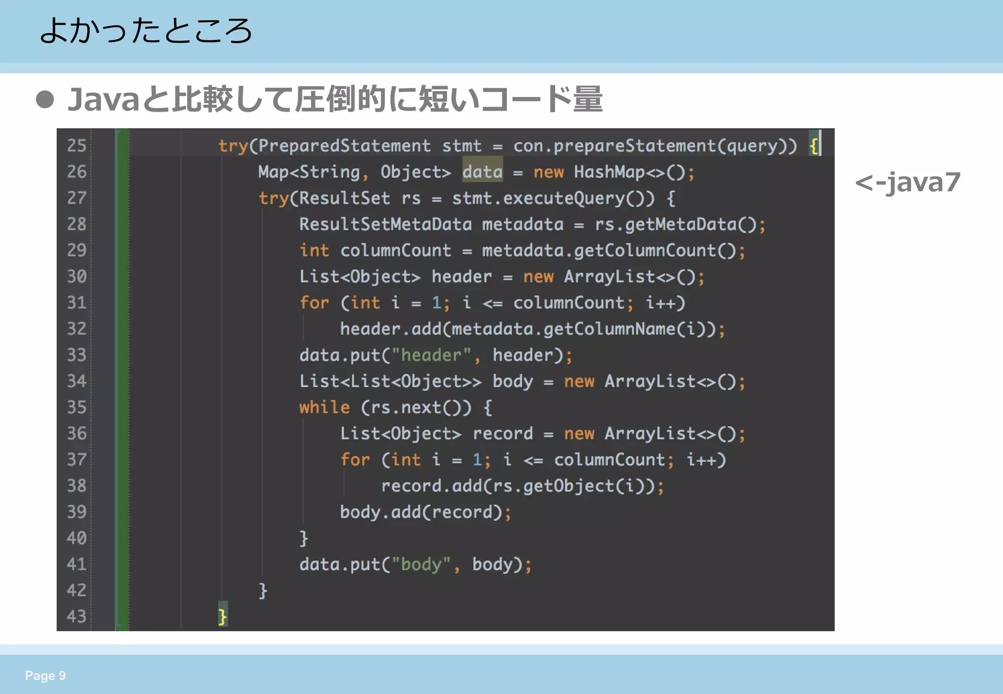 Page 9 
よかったところ 
Javaと比較して圧倒的に短いコード量 
<-java7  