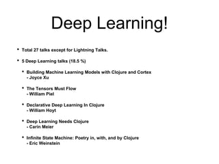 Deep Learning!
• Total 27 talks except for Lightning Talks.
• 5 Deep Learning talks (18.5 %)
• Building Machine Learning Models with Clojure and Cortex
- Joyce Xu
• The Tensors Must Flow
- William Piel
• Declarative Deep Learning In Clojure
- William Hoyt
• Deep Learning Needs Clojure
- Carin Meier
• Infinite State Machine: Poetry in, with, and by Clojure
- Eric Weinstein
 