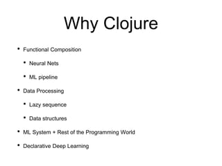 Why Clojure
• Functional Composition
• Neural Nets
• ML pipeline
• Data Processing
• Lazy sequence
• Data structures
• ML System + Rest of the Programming World
• Declarative Deep Learning
 