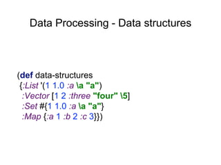 Data Processing - Data structures
(def data-structures
{:List '(1 1.0 :a a "a")
:Vector [1 2 :three "four" 5]
:Set #{1 1.0 :a a "a"}
:Map {:a 1 :b 2 :c 3}})
 