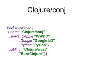 Clojure/conj
(def clojure-conj
{:name "Clojure/conj"
:similar {:Apple "WWDC"
:Google "Google I/O"
:Python "PyCon"}
:sibling ["Clojure/west"
"EuroClojure"]})
 