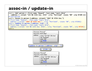 assoc-in / update-in
user=> (def person { :first-name "Howard" :last-name "Lewis Ship"
  :address { :street "123 NW 12th Ave. #541" :city "Portland" :state "OR" :zip 97309 }})
#'user/person
user=> (assoc-in person [:address :street] "2647 SE 97th Ave.")
{:first-name "Howard", :last-name "Lewis Ship",
 :address {:street "2647 SE 97th Ave.", :city "Portland", :state "OR", :zip 97309}}
user=> (update-in person [:address :zip] + 5)
{:first-name "Howard", :last-name "Lewis Ship",
 :address {:street "123 NW 12th Ave. #541", :city "Portland", :state "OR", :zip 97314}}
user=>

                            :ﬁrst-name "Howard"
                            :last-name "Lewis Ship"
                            :address :street "123 NW 12th Ave."
                                        :city "Portland"
                                        :state "OR"
                                        :zip 97309


                      (update-in person [:address :zip] + 5)

                                       (+ 97309 5)

                            :ﬁrst-name "Howard"
                            :last-name "Lewis Ship"
                            :address :street "123 NW 12th Ave."
                                        :city "Portland"
                                        :state "OR"
                                        :zip 97314

                                              23                            © 2009 Howard Lewis Ship
 