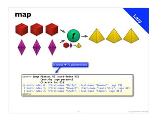 map




                                                                            La
                                                                                zy
                                  f


                     N seqs ➠ N parameters


 user=> (map #(assoc %1 :sort-index %2)
             (sort-by :age persons)
             (iterate inc 0))
 ({:sort-index 0, :first-name "Molly", :last-name "Newman", :age 29}
  {:sort-index 1, :first-name "Howard", :last-name "Lewis Ship", :age 42}
  {:sort-index 2, :first-name "Scott", :last-name "Simon", :age 44})
 user=>




                                      25                                © 2009 Howard Lewis Ship
 