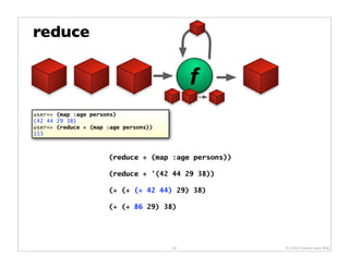 reduce

                                            f
user=> (map :age persons)
(42 44 29 38)
user=> (reduce + (map :age persons))
153



                      (reduce + (map :age persons))

                      (reduce + '(42 44 29 38))

                      (+ (+ (+ 42 44) 29) 38)

                      (+ (+ 86 29) 38)




                                       29             © 2009 Howard Lewis Ship
 