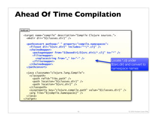 Ahead Of Time Compilation
 build.xml

    <target name="compile" description="Compile Clojure sources.">
      <mkdir dir="${classes.dir}" />

       <pathconvert pathsep=" " property="compile.namespaces">
         <fileset dir="${src.dir}" includes="**/*.clj" />
         <chainedmapper>
           <packagemapper from="${basedir}/${src.dir}/*.clj" to="*" />
           <filtermapper>
             <replacestring from="_" to="-" />
           </filtermapper>                                      Locate *.clj under
         </chainedmapper>                                       ${src.dir} and convert       to
       </pathconvert>
                                                                 namespace names
      <java classname="clojure.lang.Compile">
        <classpath>
          <path refid="libs.path" />
          <path location="${classes.dir}" />
          <path location="${src.dir}" />
        </classpath>
        <sysproperty key="clojure.compile.path" value="${classes.dir}" />
        <arg line="${compile.namespaces}" />
      </java>
    </target>




                                         48                                 © 2009 Howard Lewis Ship
 