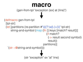 macro
(gen-from-tpl "exception {ex} at {line}")
(defmacro gen-from-tpl
[tpl-str]
(let [partitions (re-partition #"{((?:w|-)+)}" tpl-str)
string-and-symbol (map (fn [{:keys [match? result]}]
(if match?
(-> result second symbol)
result))
partitions)]
`(str ~@string-and-symbol)))
(str "exception" ex "at" line)
 