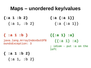 Maps – unordered key/values
{:a 1 :b 2}                  {:a {:a 1}}
  {:a 1, :b 2}                 {:a {:a 1}}


{ :a 1 :b }                  {{:a 1} :a}
java.lang.ArrayIndexOutOfB     {{:a 1} :a}
oundsException: 3
                             ; idiom - put :a on the
                             left
{ :a 1 :b 2}
  {:a 1, :b 2}
 