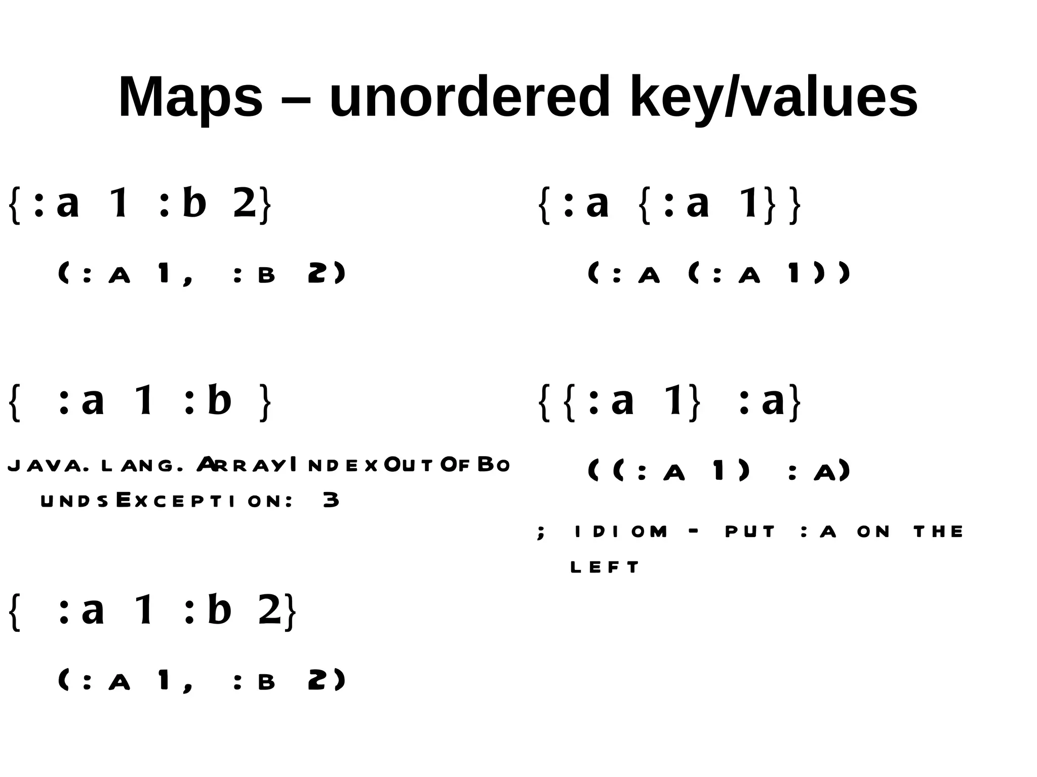 Maps – unordered key/values { : a 1 : b 2} { : a { : a 1} } { : a 1 , : b 2} {: a {: a 1}} { :a 1 :b } { { : a 1} : a} j ava. l an g . Ar r ayI n d e x Ou t Of Bo { { : a 1 } : a} u n d s Ex c e p t i o n : 3 ; i d i om - put : a on t he left { : a 1 : b 2} { : a 1 , : b 2} 