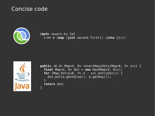 Concise code
public <K,V> Map<V, K> revertKeysVals(Map<K, V> src) {
final Map<V, K> dst = new HashMap<V, K>();
for (Map.Entry<K, V> e : src.entrySet()) {
dst.put(e.getValue(), e.getKey());
}
return dst;
}
(defn revert-kv [m]
(->> m (map (juxt second first)) (into {})))
 