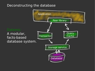 Deconstructing the database
Datomic
A modular,
facts-based
database system.
Storage service
Transactor
Query
Cache
Peer library
Application
Database
 