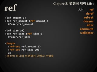 ref
Clojure 의 병행성 제어 Lib 1
API ref
deref
ref-set
dosync
alter
commute
:validator
(def amount 3)
(def ref_amount (ref amount))
#'user/ref_amount
(def size 10)
(def ref_size (ref size))
#'user/ref_size
(dosync
(ref-set ref_amount 6)
(ref-set ref_size 20))
20
; 갱신이 하나의 트랜잭션 안에서 수행됨
 
