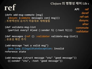 ref
Clojure 의 병행성 제어 Lib 1
API ref
deref
ref-set
dosync
alter
commute
:validator
(defn add-msg-commute [msg]
(dosync (commute messages conj msg)))
; 트랜잭션의 순서가 마음대로 재배열됨
(def validate-msg-list
(partial every? #(and (:sender %) (:text %))))
(def messages (ref () :validator validate-msg-list))
; 유효성 확인 추가
(add-message "not a valid msg")
java.lang.IllegalStateException: Invalid
reference state
(add-message (struct message "stu" "good message"))
({:sender "stu", :text "good message"})
 