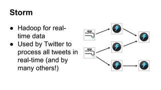 Storm
● Hadoop for realtime data
● Used by Twitter to
process all tweets in
real-time (and by
many others!)

 