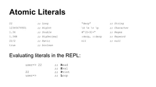 Atomic Literals
22

;; Long

“derp”

;; String

12345678901

;; BigInt

d e r p

;; Character

1.34

;; Double

#”[0-9]+”

;; Regex

1.34M

;; BigDecimal

:derp, ::derp

;; Keyword

22/2

;; Ratio

nil

;; null

true

;; boolean

Evaluating literals in the REPL:
user=> 22
22
user=>

;;
;;
;;
;;

Read
Eval
Print
Loop

 
