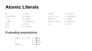 Atomic Literals
22

;; Long

“derp”

;; String

12345678901

;; BigInt

d e r p

;; Character

1.34

;; Double

#”[0-9]+”

;; Regex

1.34M

;; BigDecimal

:derp, ::derp

;; Keyword

22/2

;; Ratio

nil

;; null

true

;; boolean

Evaluating expressions:
user=> (+ 2 2)
4
user=>

;;
;;
;;
;;

Read
Eval
Print
Loop

 
