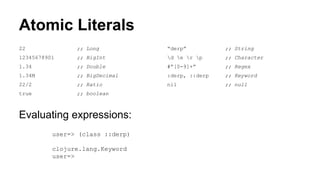 Atomic Literals
22

;; Long

“derp”

;; String

12345678901

;; BigInt

d e r p

;; Character

1.34

;; Double

#”[0-9]+”

;; Regex

1.34M

;; BigDecimal

:derp, ::derp

;; Keyword

22/2

;; Ratio

nil

;; null

true

;; boolean

Evaluating expressions:
user=> (class ::derp)
clojure.lang.Keyword
user=>

 