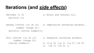 Iterations (and side effects)
(dotimes [i 5]
(println i))

;; Evals and returns nil.

(doseq [letter [:a :b :c]
;; Imperat...