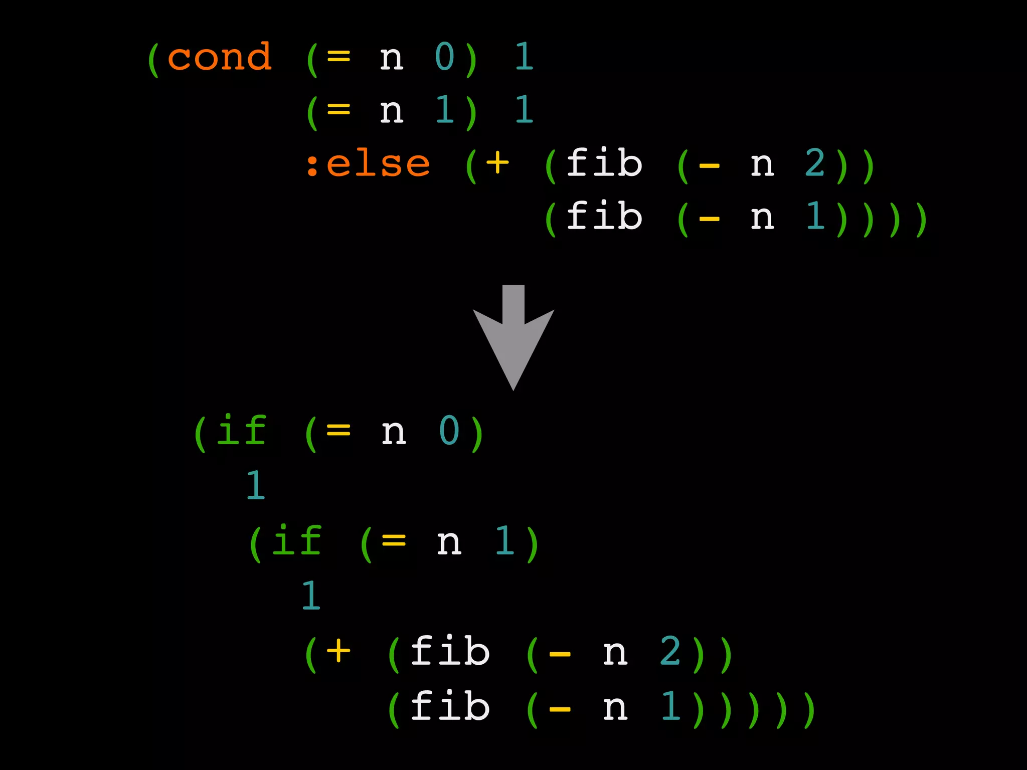 (cond (= n 0) 1
(= n 1) 1
:else (+ (fib (- n 2))
(fib (- n 1))))
(if (= n 0)
1
(if (= n 1)
1
(+ (fib (- n 2))
(fib (- n 1)))))
 