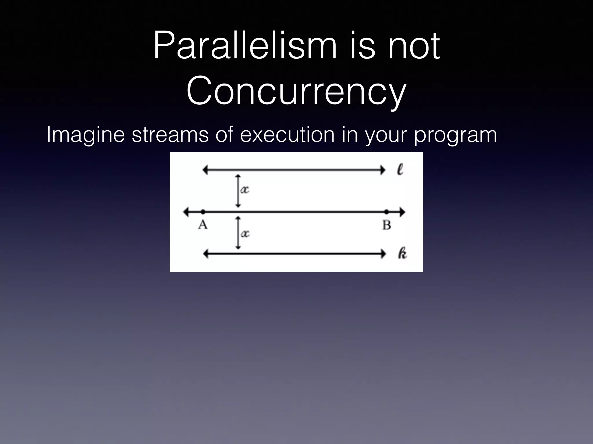 Parallelism is not 
Concurrency 
Imagine streams of execution in your program 
 