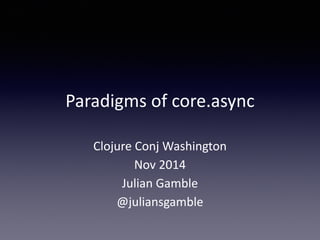 Paradigms 
of 
core.async 
Clojure 
Conj 
Washington 
Nov 
2014 
Julian 
Gamble 
@juliansgamble 
 