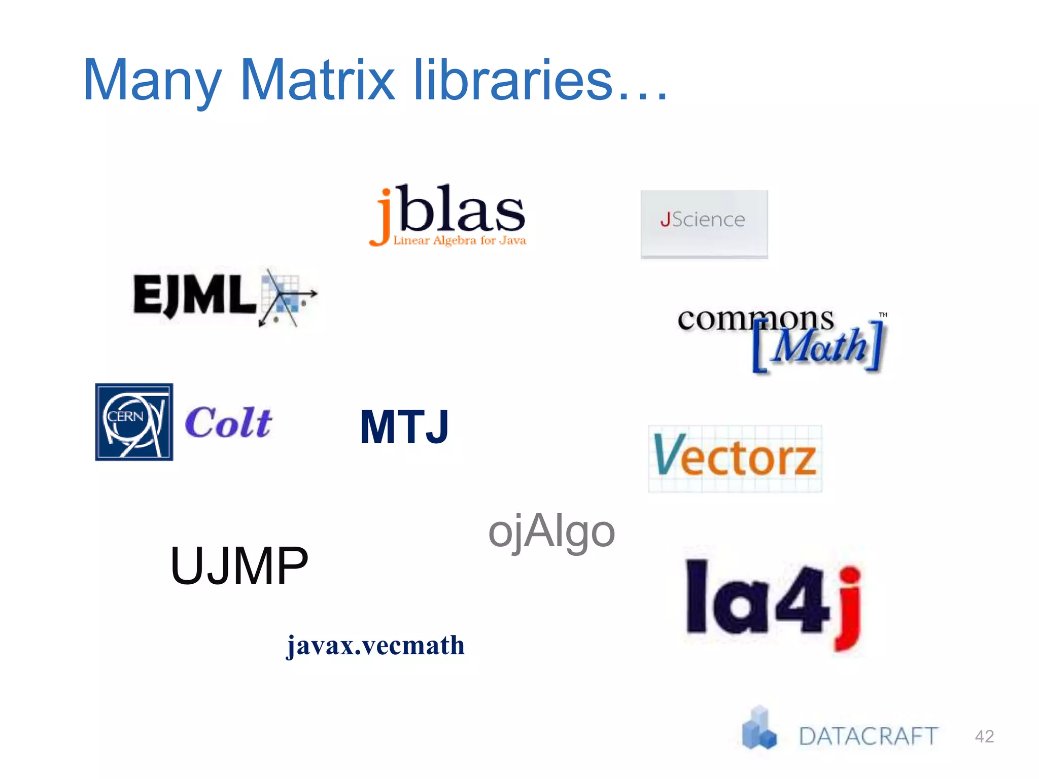 42
Many Matrix libraries…
UJMP
ojAlgo
MTJ
javax.vecmath
 