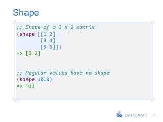 21
Shape
;; Shape of a 3 x 2 matrix
(shape [[1 2]
[3 4]
[5 6]])
=> [3 2]
;; Regular values have no shape
(shape 10.0)
=> nil
 