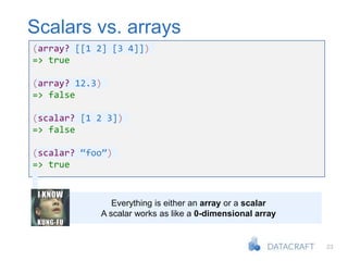 23
Scalars vs. arrays
(array? [[1 2] [3 4]])
=> true
(array? 12.3)
=> false
(scalar? [1 2 3])
=> false
(scalar? “foo”)
=> true
Everything is either an array or a scalar
A scalar works as like a 0-dimensional array
 