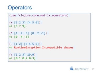 27
Operators
(use 'clojure.core.matrix.operators)
(+ [1 2 3] [4 5 6])
=> [5 7 9]
(* [1 2 3] [0 2 -1])
=> [0 4 -3]
(- [1 2] [3 4 5 6])
=> RuntimeException Incompatible shapes
(/ [1 2 3] 10.0)
=> [0.1 0.2 0.3]
 