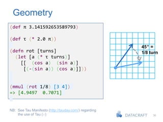 36
Geometry
(def π 3.141592653589793)
(def τ (* 2.0 π))
(defn rot [turns]
(let [a (* τ turns)]
[[ (cos a) (sin a)]
[(-(sin a)) (cos a)]]))
(mmul (rot 1/8) [3 4])
=> [4.9497 0.7071]
NB: See Tau Manifesto (http://tauday.com/) regarding
the use of Tau (τ)
45° =
1/8 turn
 