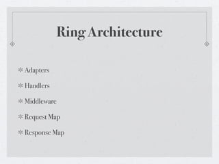 Ring Architecture

Adapters

Handlers

Middleware

Request Map

Response Map
 